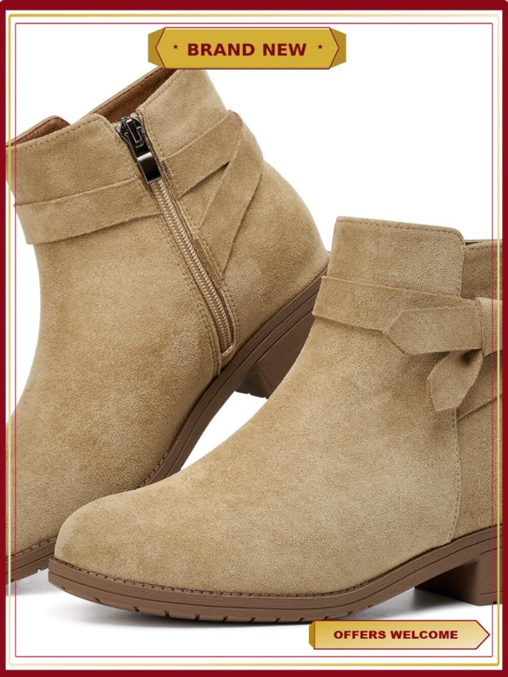 Women's Suede Ankle Booties Low Block Heel Side Zipper Casual Short Boots